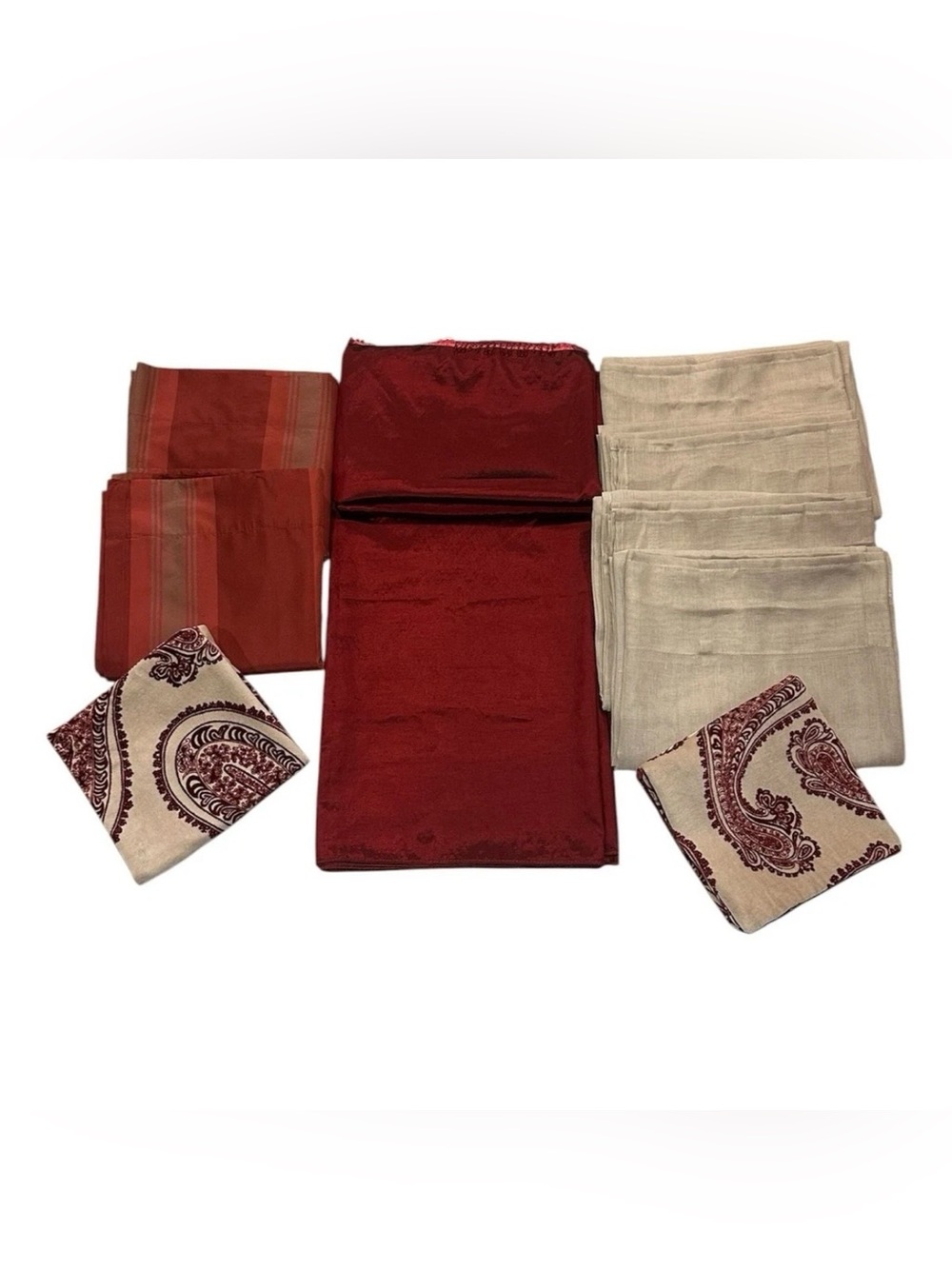 9pc Window Set: Red Extra Wide Patio Panel 209x55, 4 Beige & 2 Striped Curtains